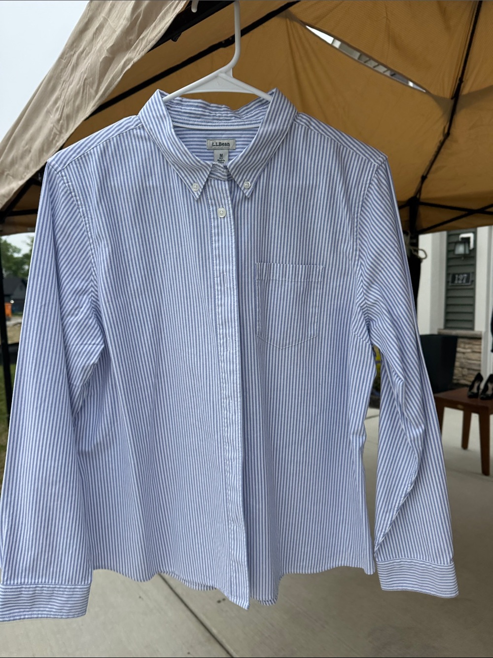 L.L. Bean women’s Light Blue and White Striped Button-Down Shirt